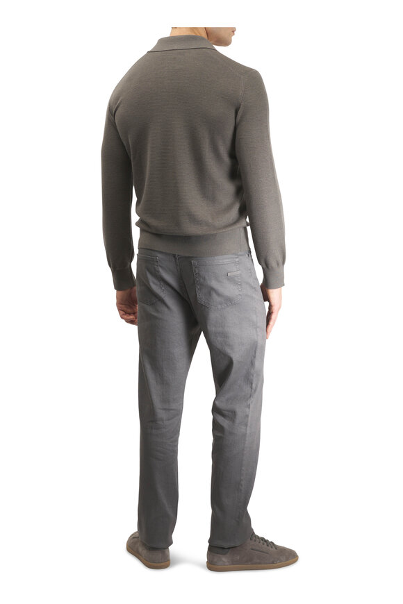 Zegna Dark Taupe Silk & Cashmere Johnny Collar Polo - view 4