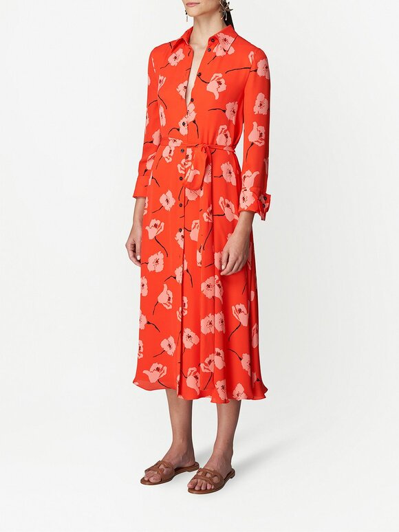 Carolina Herrera - Paprika Multi Silk Floral Tie Waist Shirt Dress