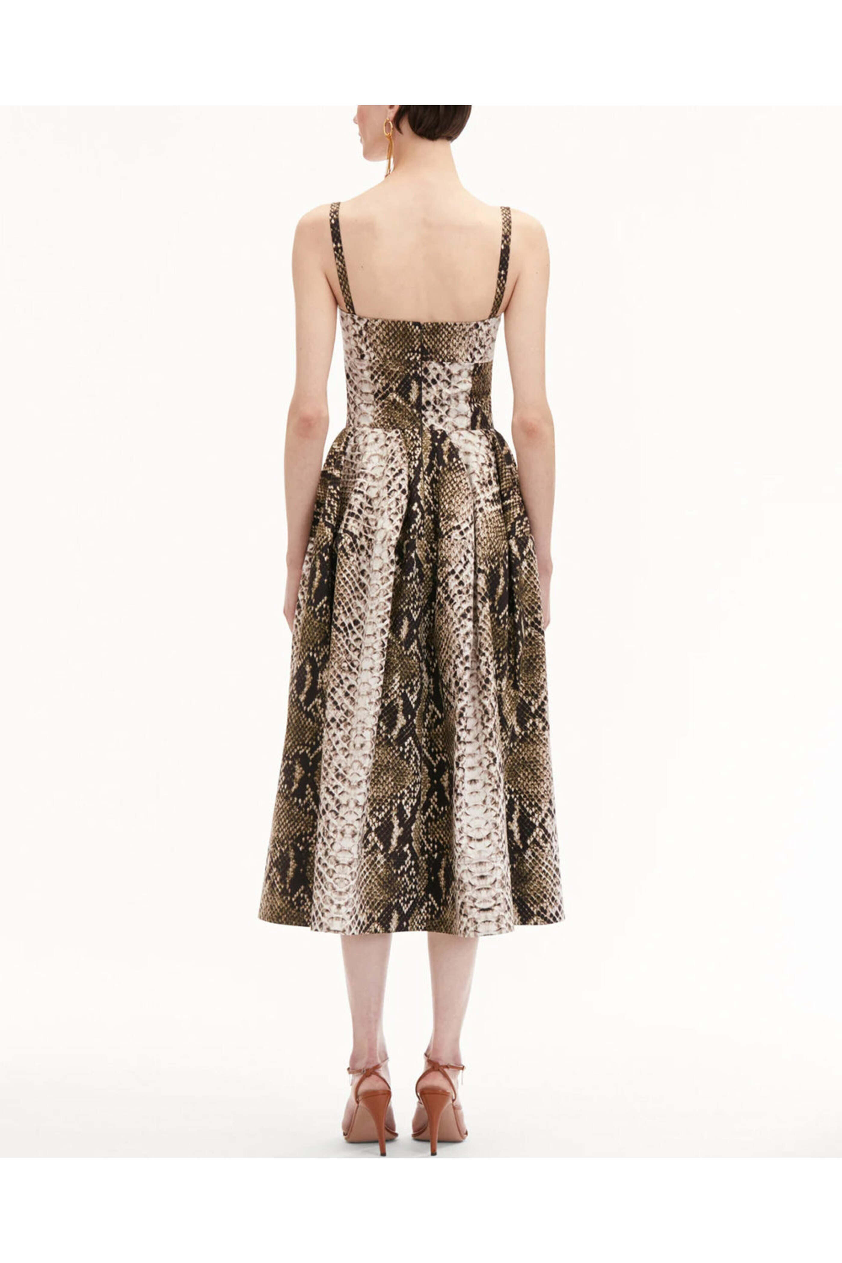 Oscar de la Renta - Olive Snake Print V Neck Midi Dress