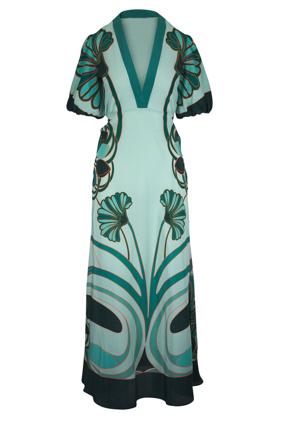 La DoubleJ Marlene Blue Multicolor Crepe De Chine Maxi Dress