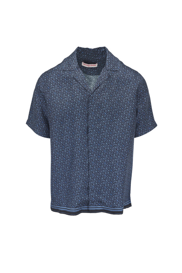 Orlebar Brown Navy Blue Night Iris Print Button Up Shirt