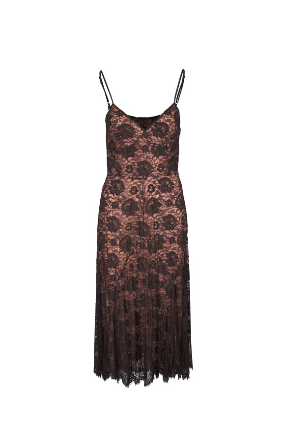 Michael Kors Collection Crushed Dance Chocolate Floral Lace Slip Dress