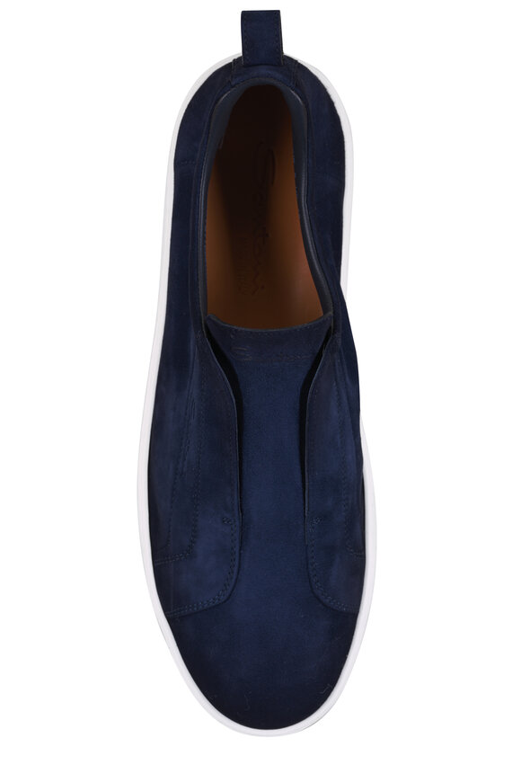 Santoni Victory Navy Blue Suede Mid Top Slip On Shoe - view 3