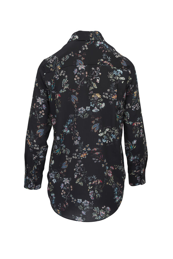 Adam Lippes - Black Floral Print Thin Bow Silk Shirt