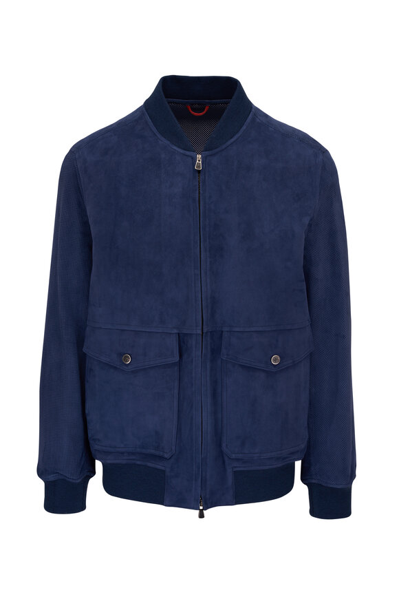 Isaia - Navy Blue Suede Bomber Jacket