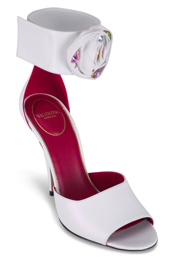 Valentino Garavani Drip Rose Kidskin White Crystalized Sandal, 105mm