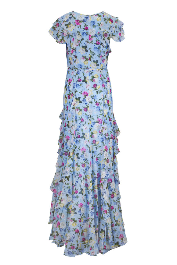 Carolina Herrera Cloud Blue Multi Floral Print Ruffled Chiffon Gown - view 5