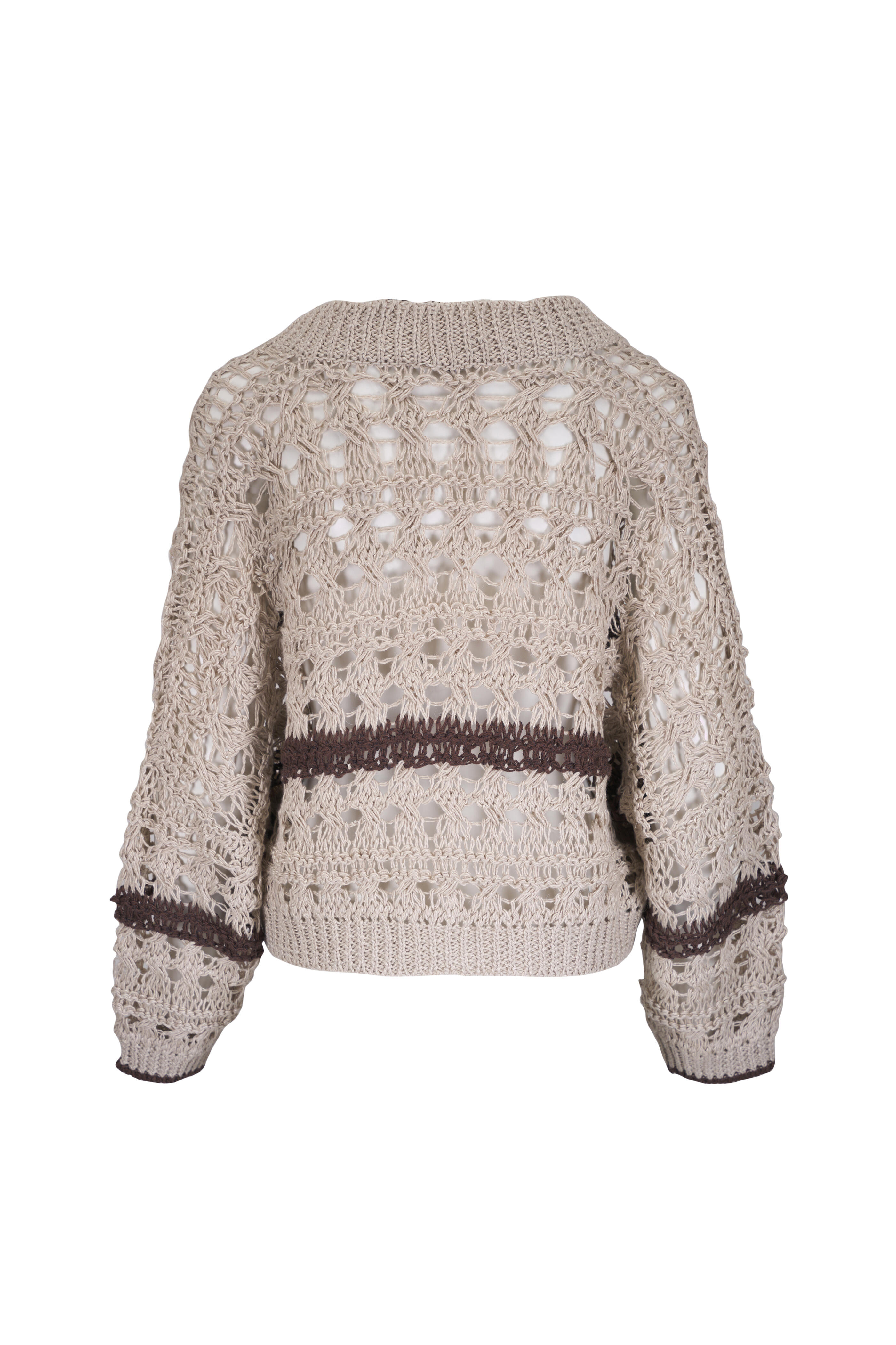 Brunello Cucinelli - Jute Openwork Contrast Stripe Cardigan