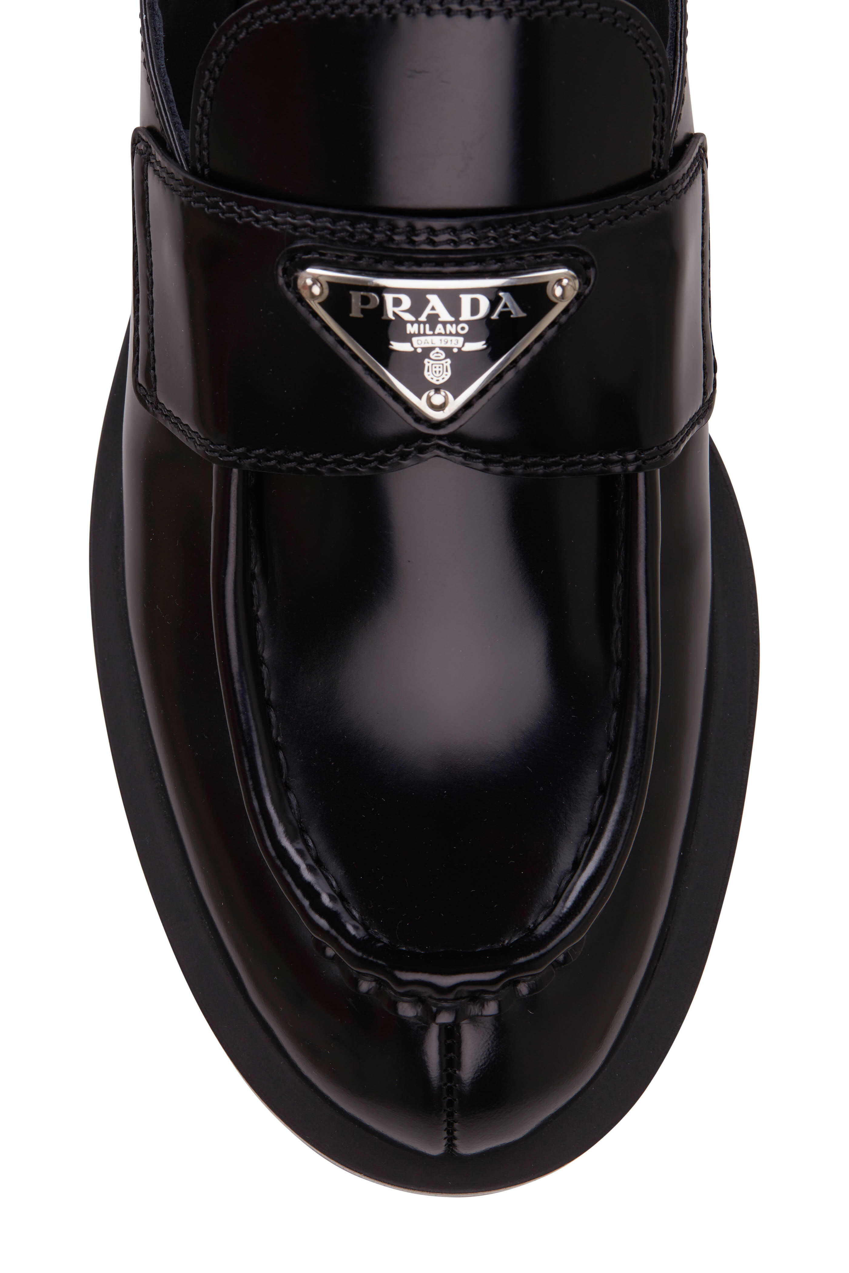 Prada Women's Black Spazzolato Leather Slip on Loafer, 50mm | 9.5 M by Mitchell Stores