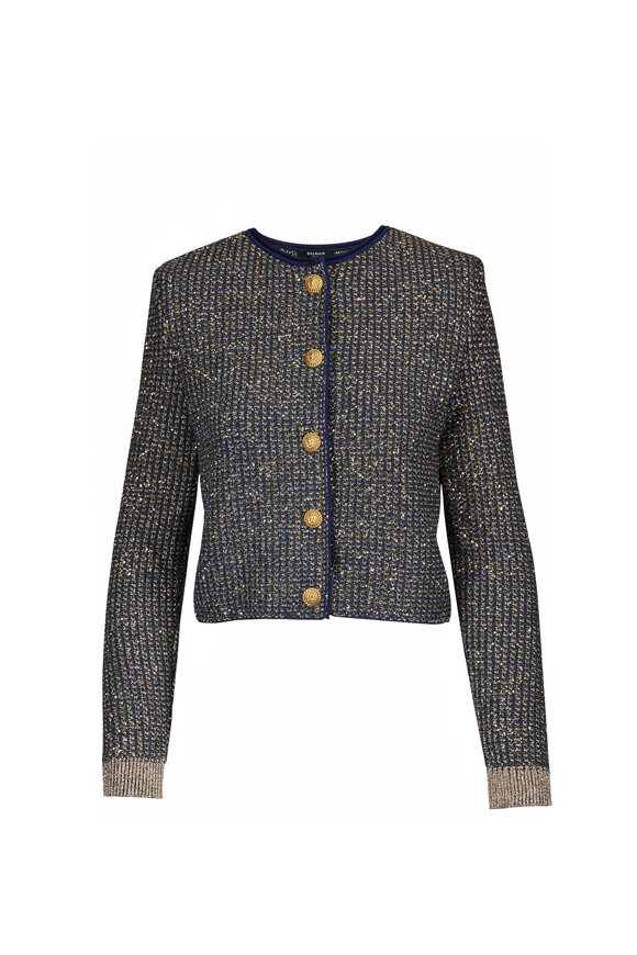 Balmain Glittered Blue Tweed Buttoned Cardigan - view 1