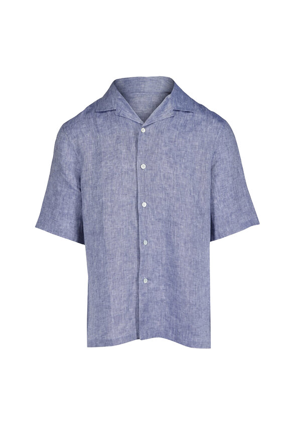 Brunello Cucinelli Blue Linen Short Sleeve Button Down