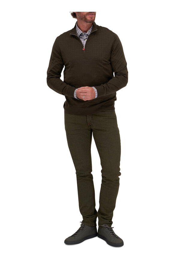 Kiton - Olive Wool Quarter Zip Pullover