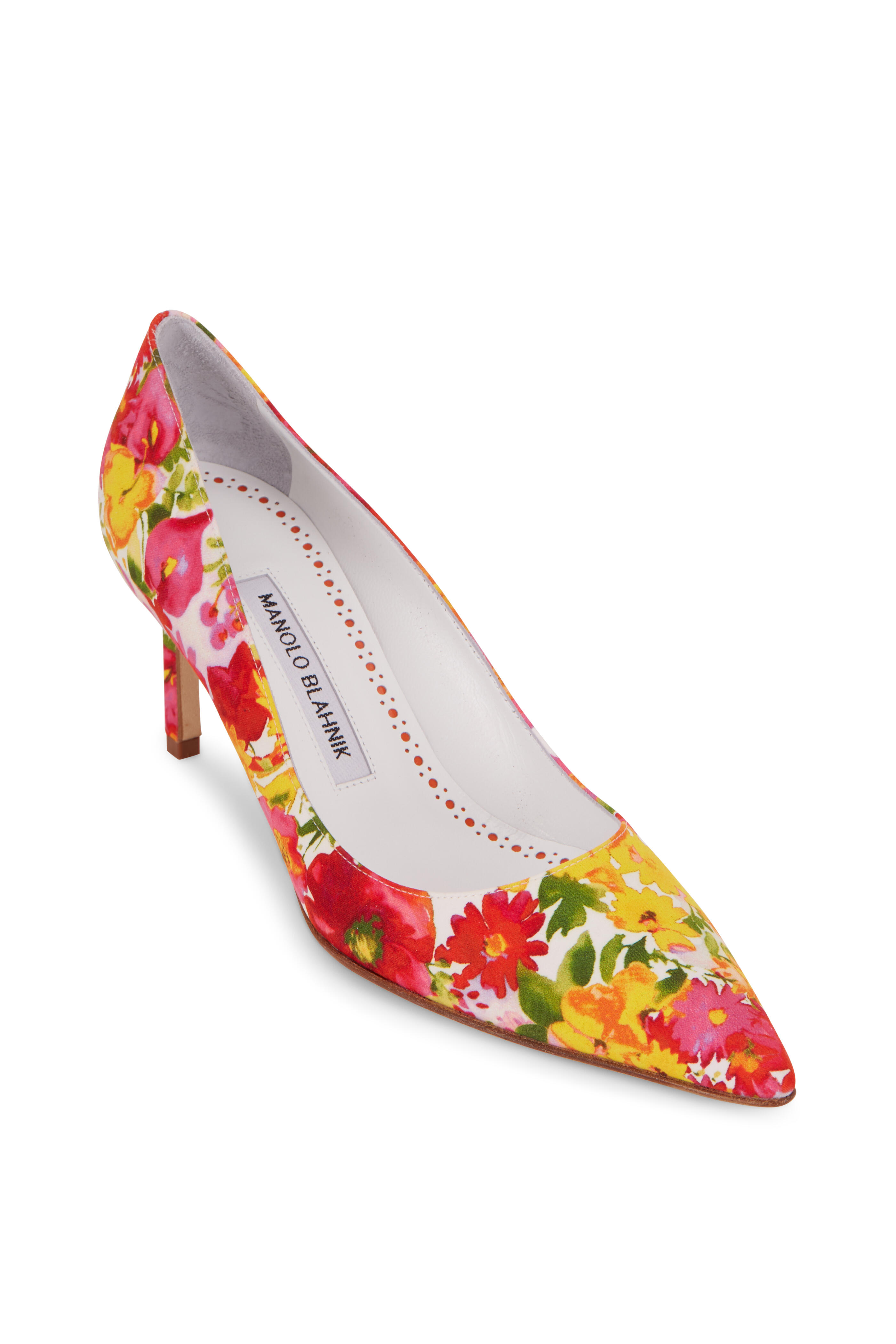 Manolo Blahnik - Lisa Pink & Yellow Floral Satin Pump, 70mm