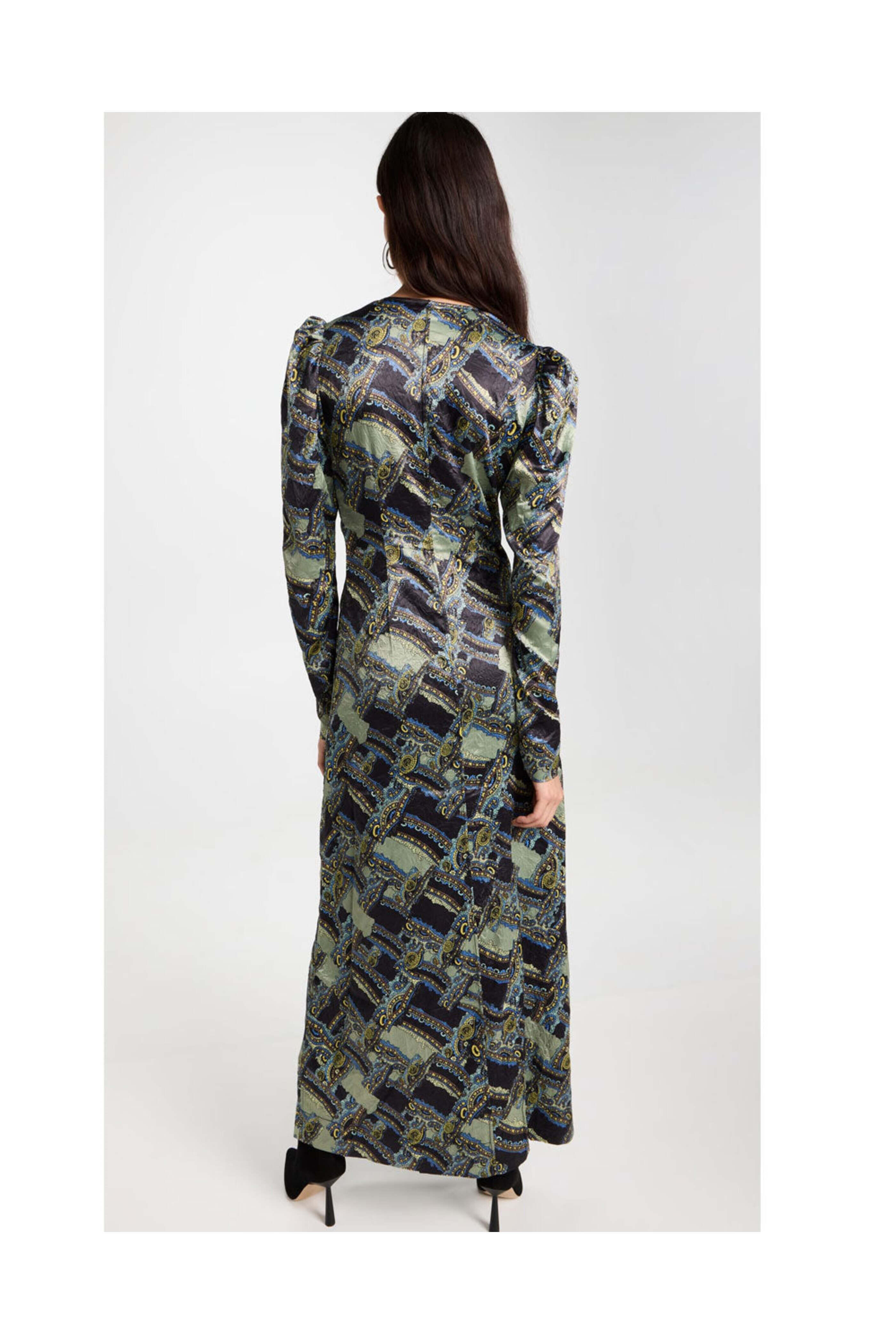 Ganni - Paisley Weave Black Crinkled Satin Maxi Dress