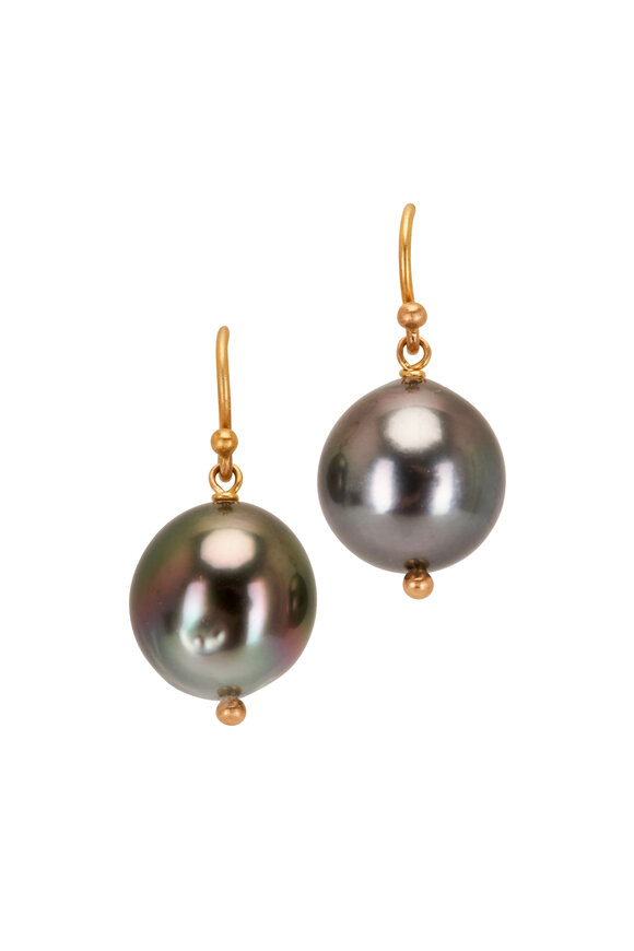 Caroline Ellen - Yellow Gold Tahitian Pearl Dangle Earrings