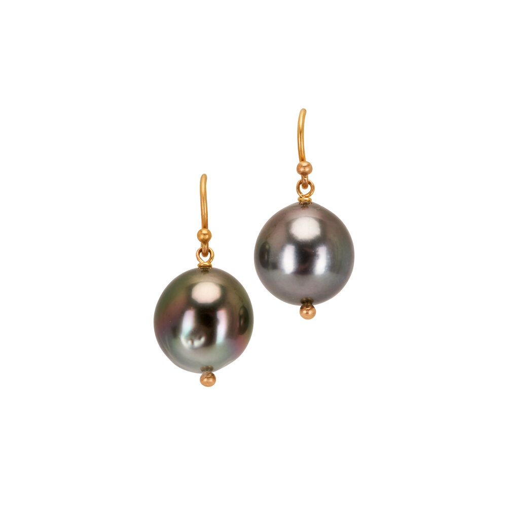 Caroline Ellen - Yellow Gold Tahitian Pearl Dangle Earrings