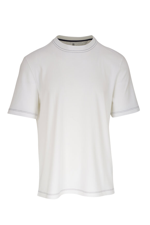 Brunello Cucinelli White & Navy Trim Short Sleeve Crewneck T-Shirt