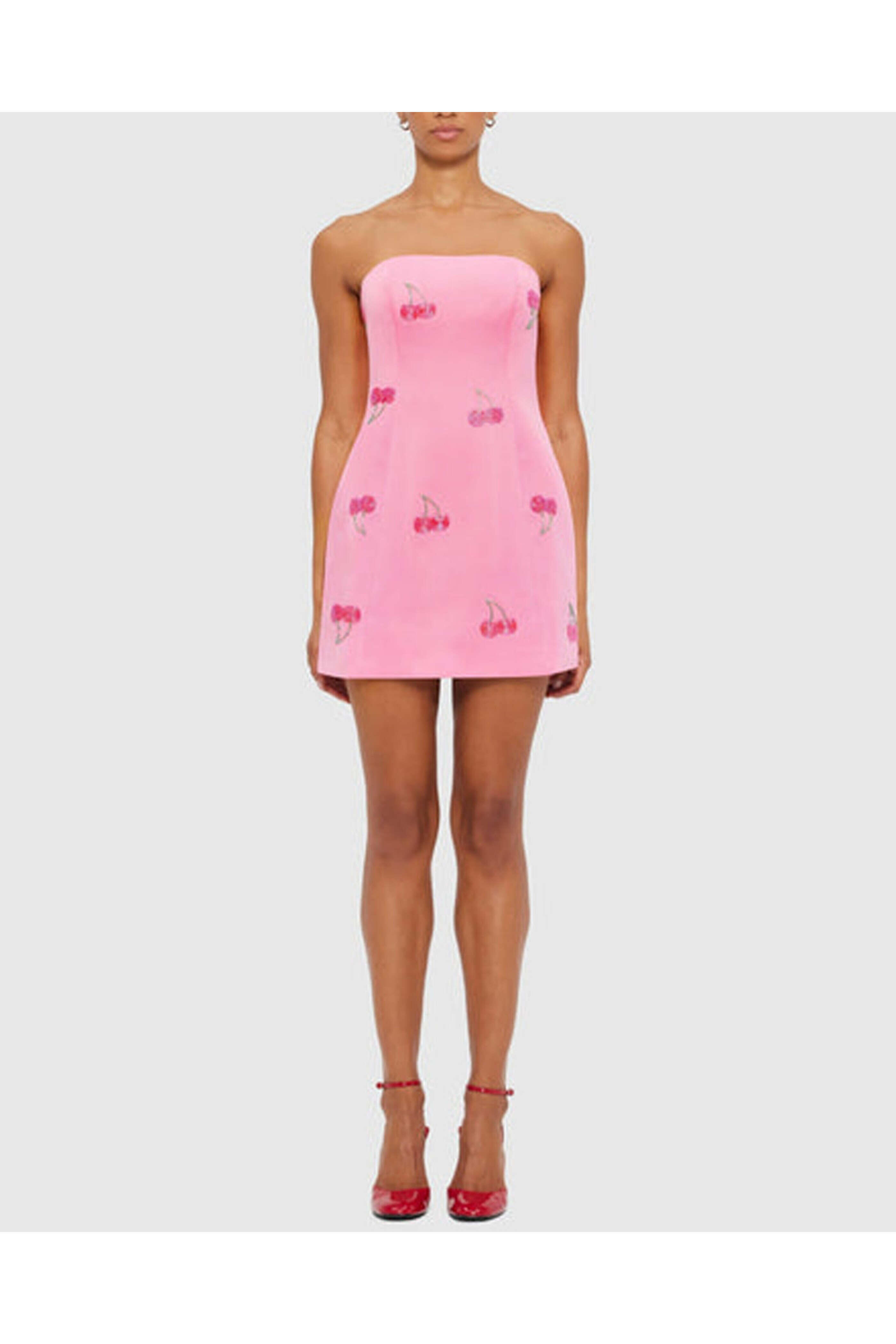 Leo Lin - Pink Cherry Beaded Roselle Bustier Mini Dress