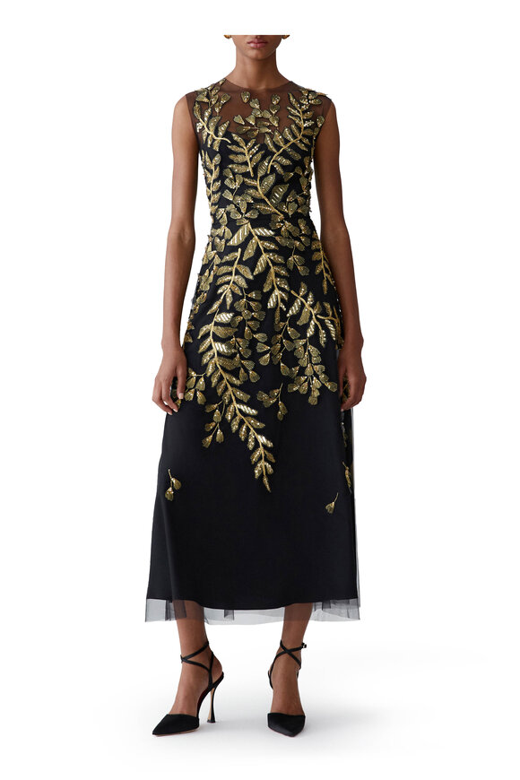 Carolina Herrera Black Leaf-Embroidered Embellished Tulle Dress - view 2
