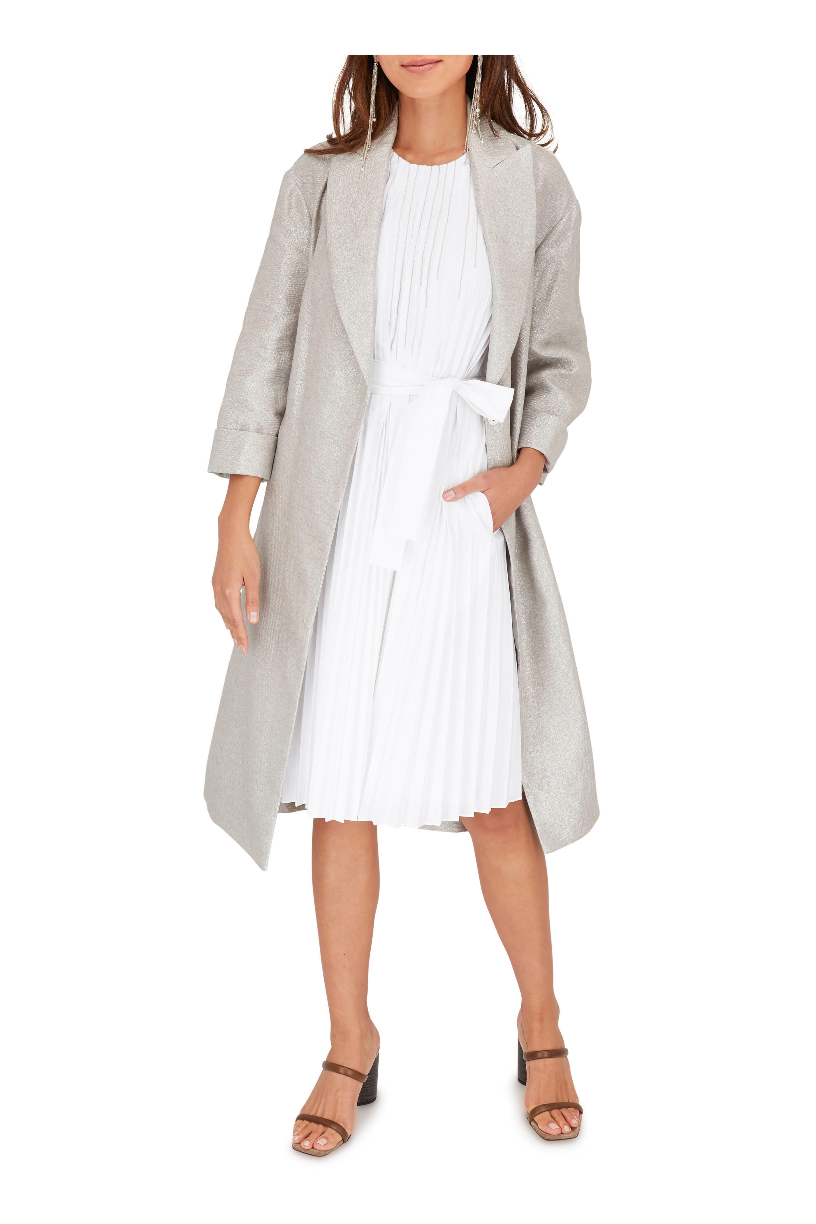 Brunello Cucinelli - White Poplin Plissé Monili Lines Belted
