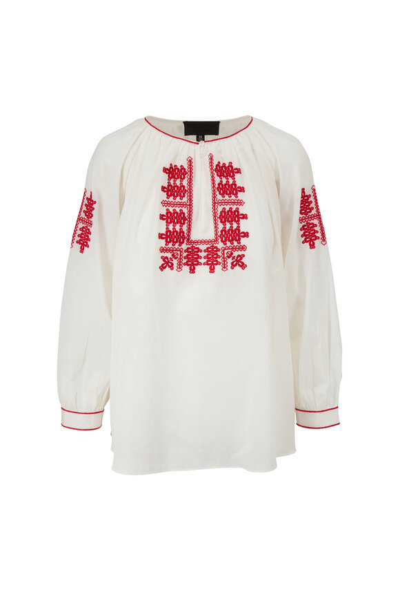 Nili Lotan - Lanette Cream With Red Embroidery Top