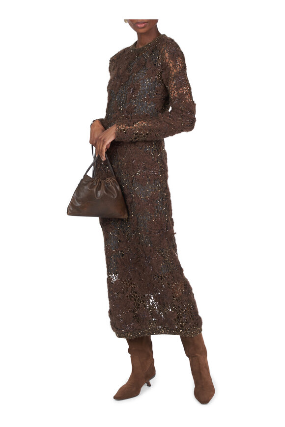 Brunello Cucinelli Brown Whispering Bloom Embroidered Knit Dress - view 2