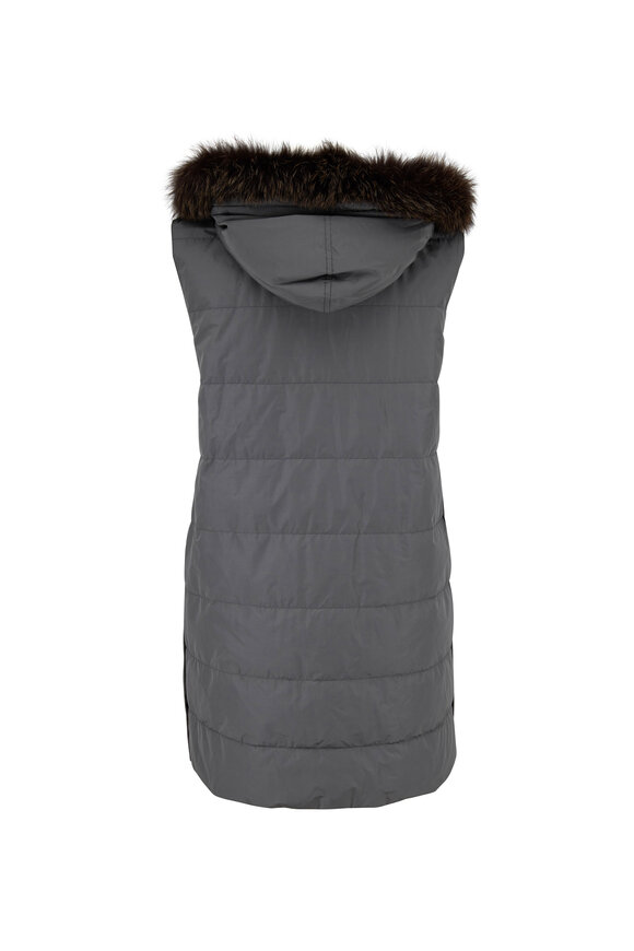 Brunello Cucinelli - Olive Taffeta Fur Trim Hooded Down Vest