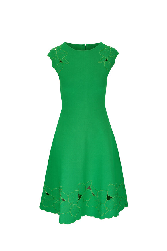 Carolina Herrera Grass Green Boat Neck Knit Flare Dress