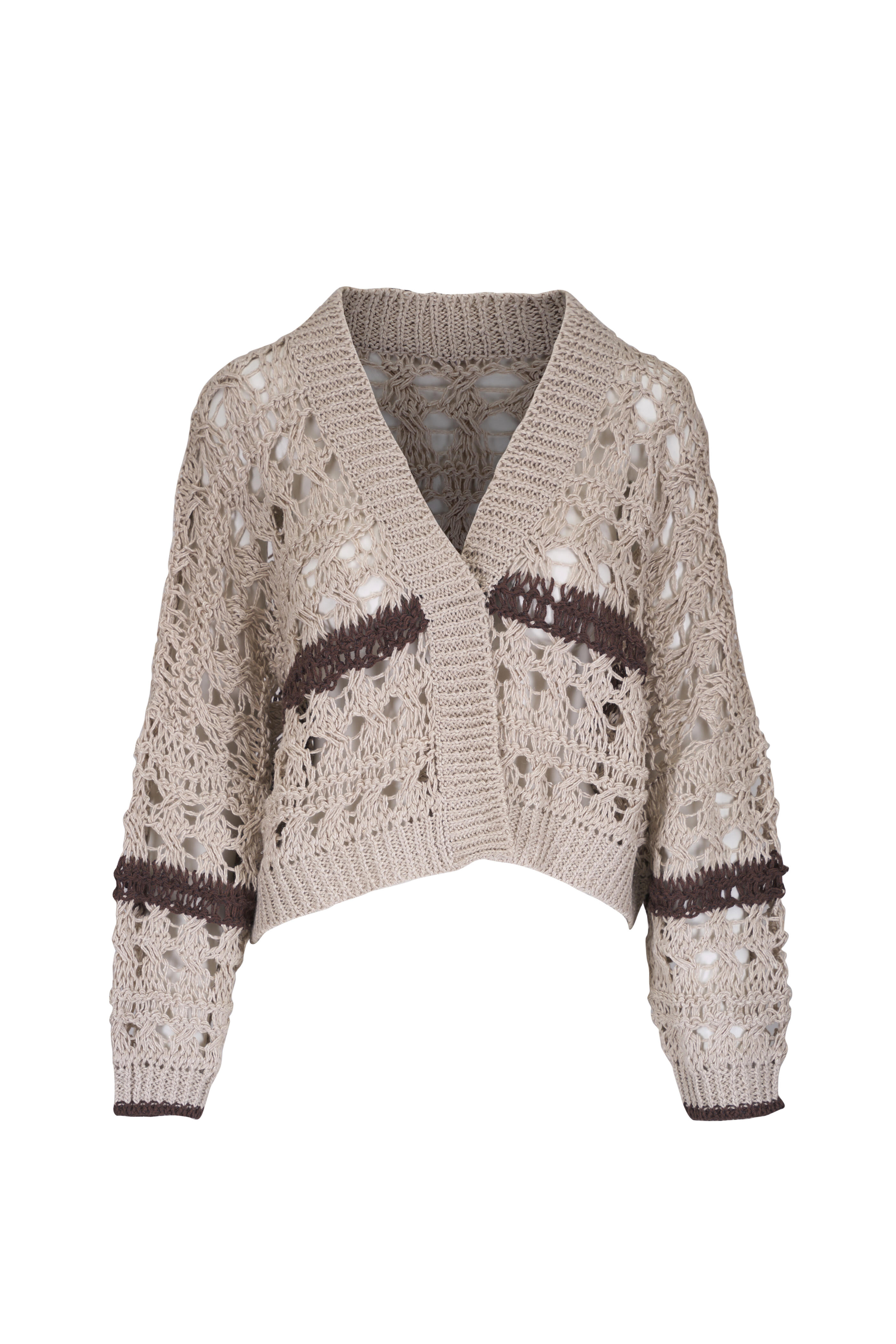 Brunello Cucinelli - Jute Openwork Contrast Stripe Cardigan
