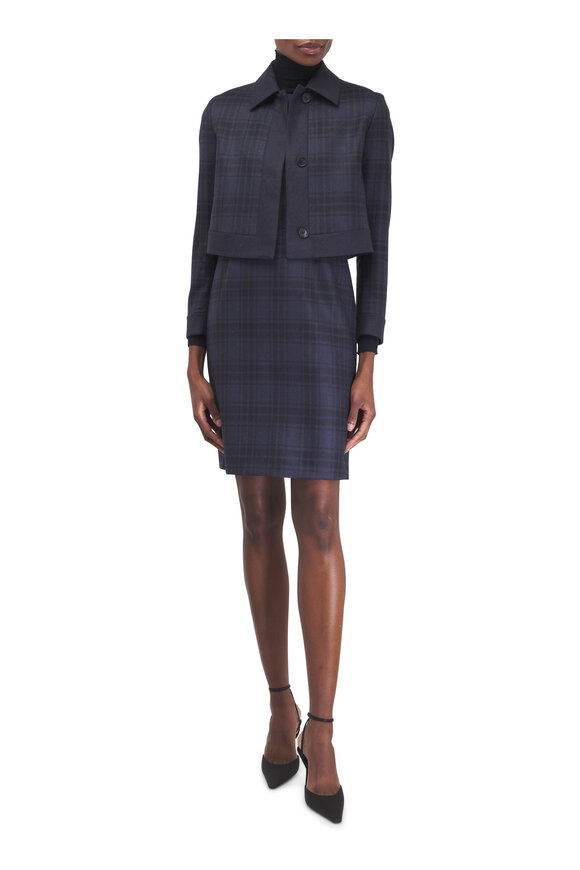 Akris Navy & Plaid Wool A-Line Dress - view 2