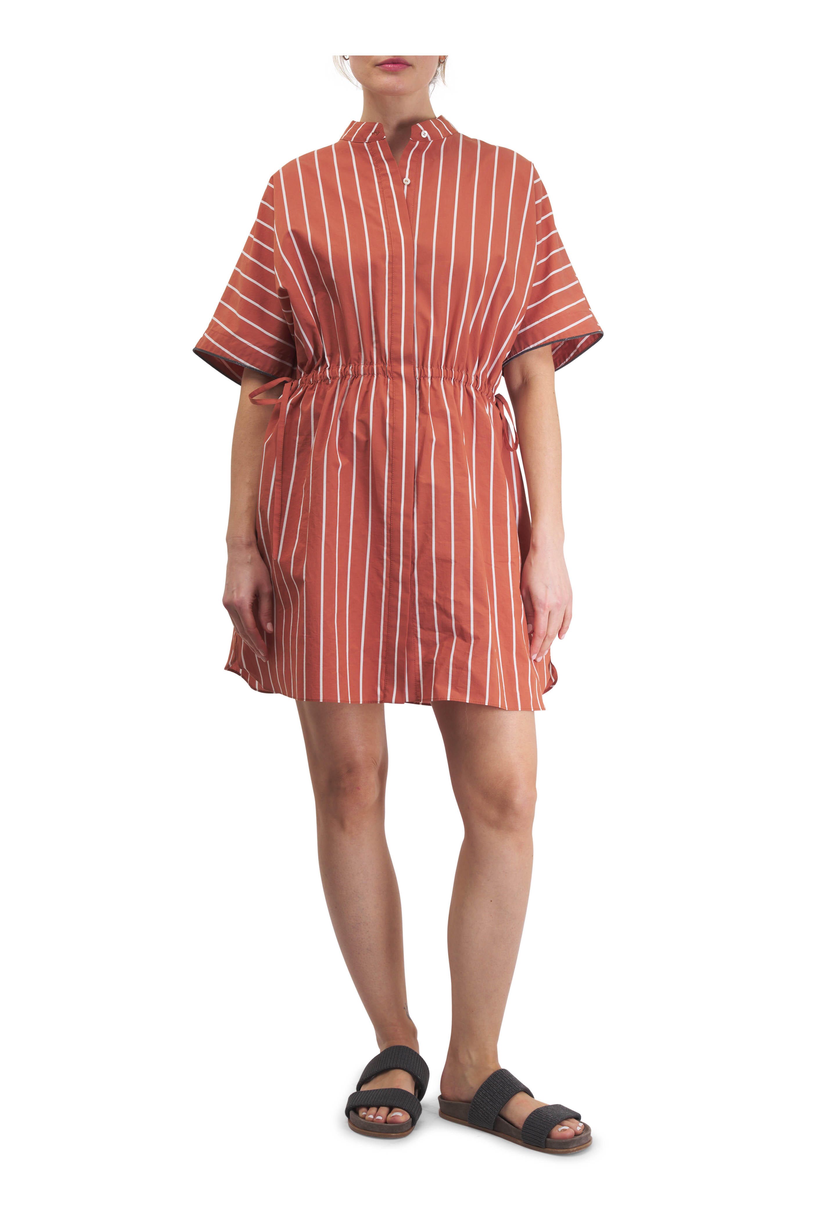 【BRUNELLO CUCINELLI】COTTON TECHNO CHEMISIER DRESS Poplin chemisier dress with monili for Woman in Green