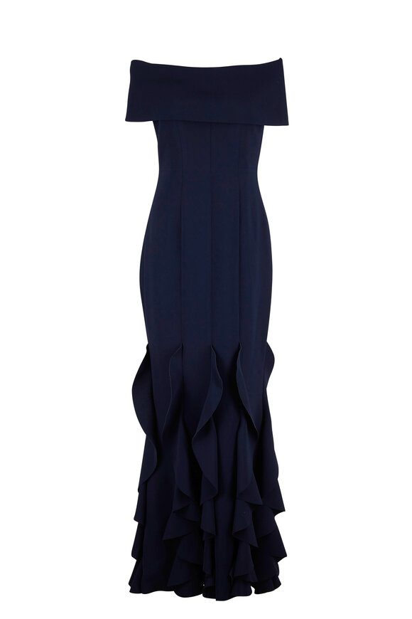 Catherine Regehr - Navy Off Shoulder Roll Collar Ruffle Wave Hem Gown