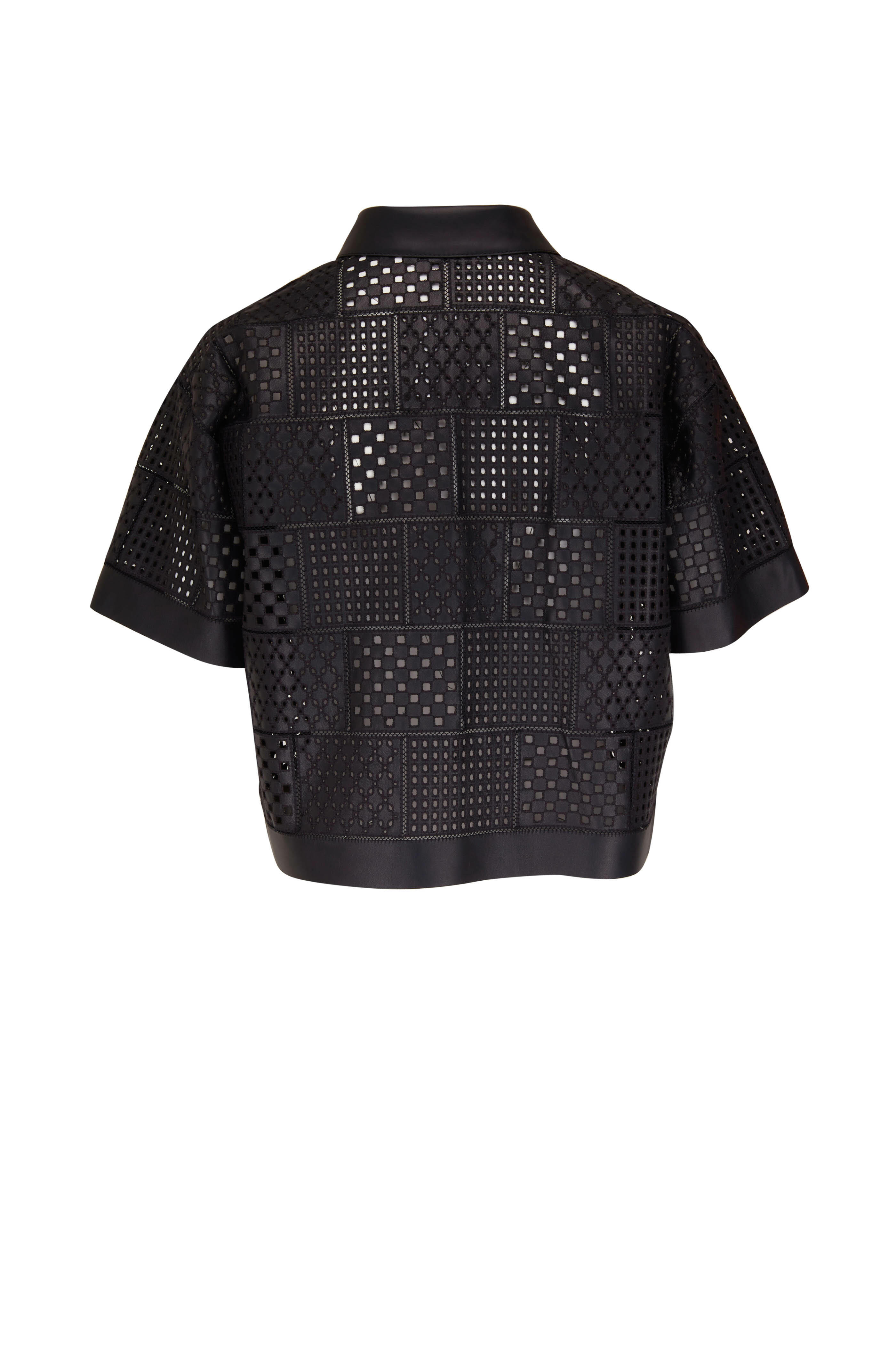Lafayette 148 New York - Trent Black Leather Embroidered Patchwork Blouse