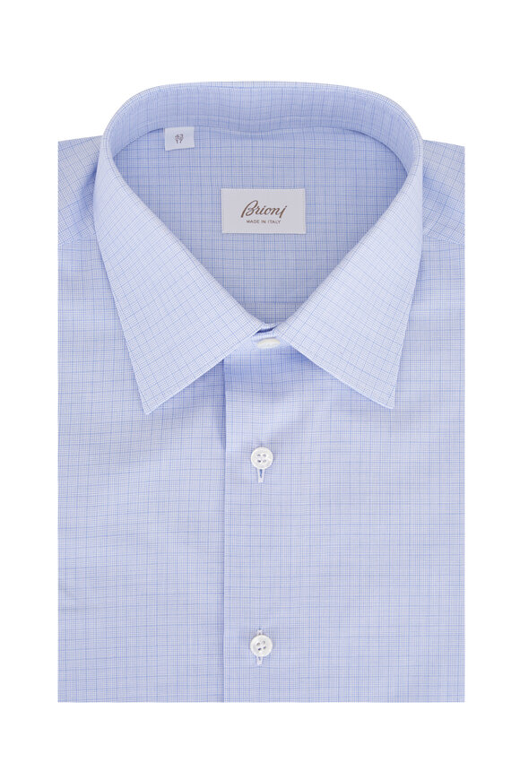 Brioni Light Blue Check Cotton Dress Shirt