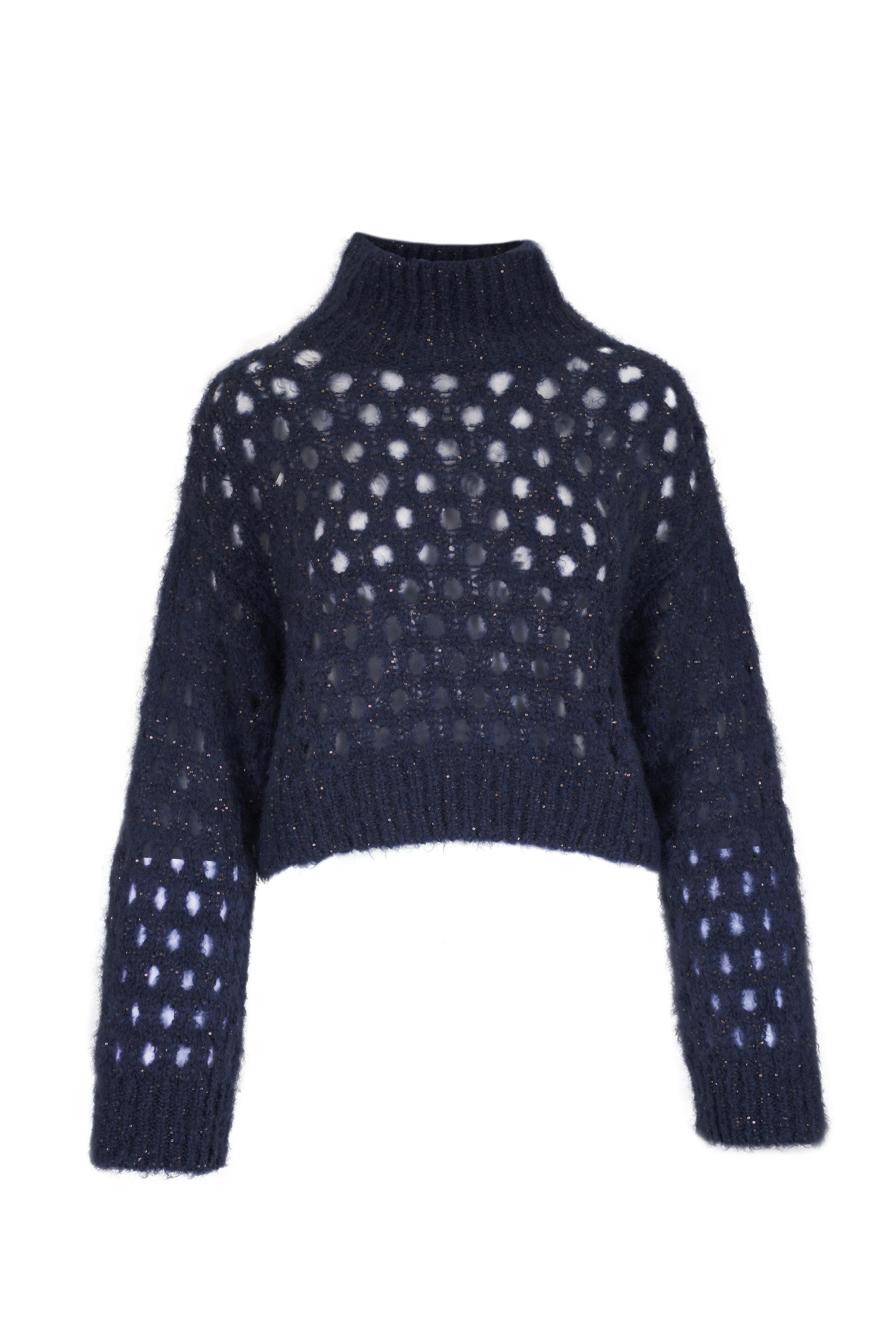 Brunello Cucinelli - Midnight Blue Open Weave Mock Neck Sweater