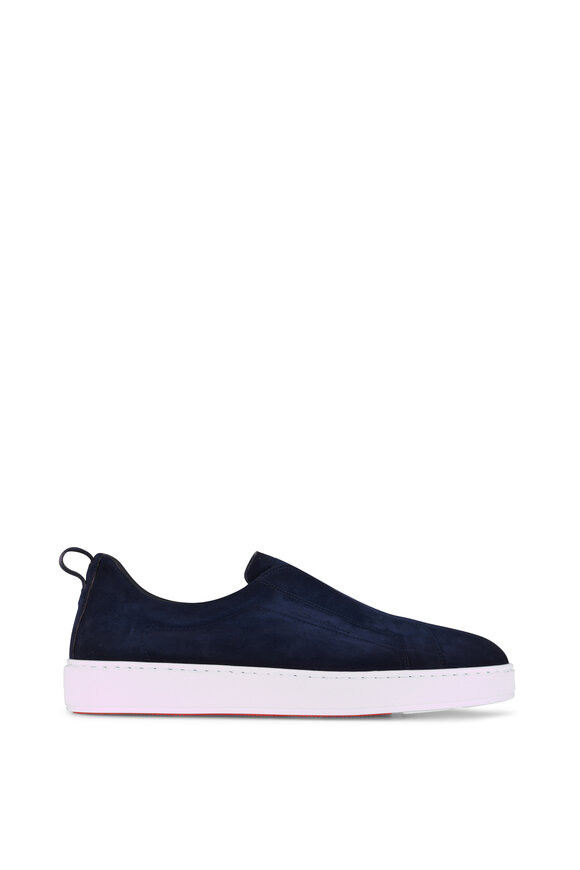 Santoni Victory Navy Blue Suede Mid Top Slip On Shoe - view 2