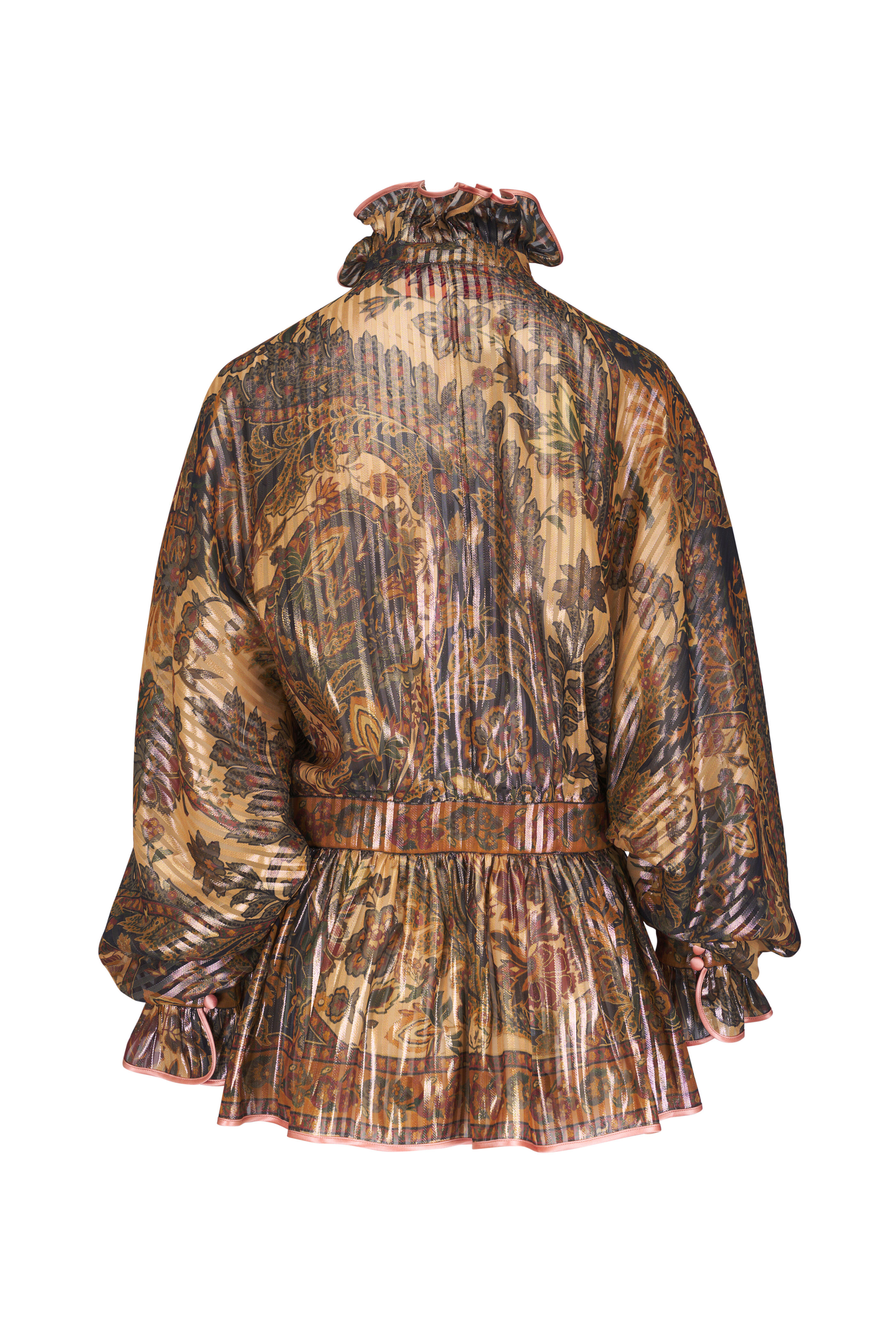 Valentino - Ruffled Metallic & Silk Printed Peplum Waist Top