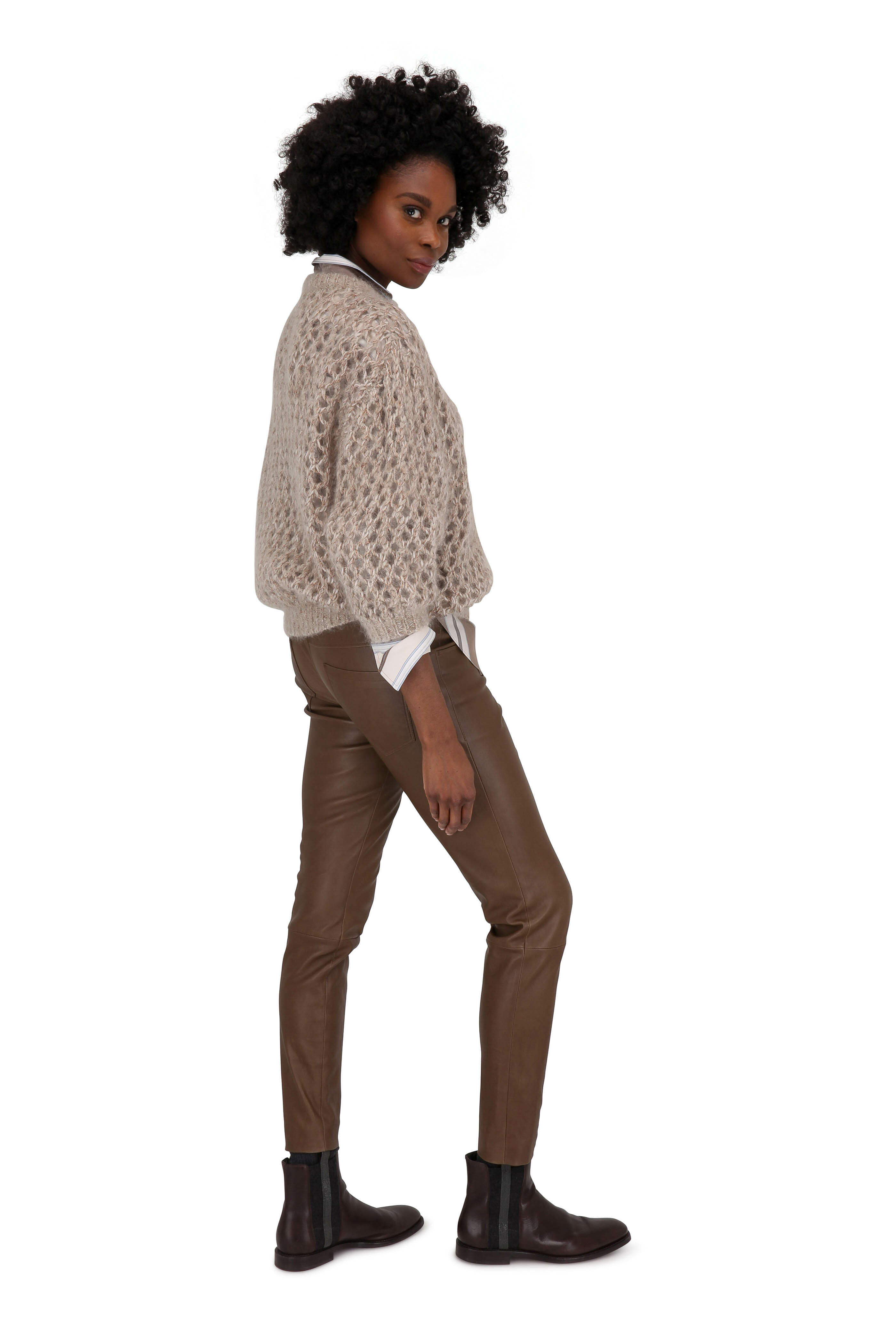 【関税＆送料込み】Brunello Cucinelli 'Shiny Cuff Details' Brunello Cucinelli - Mushroom Silk Striped Monili Cuff Blouse