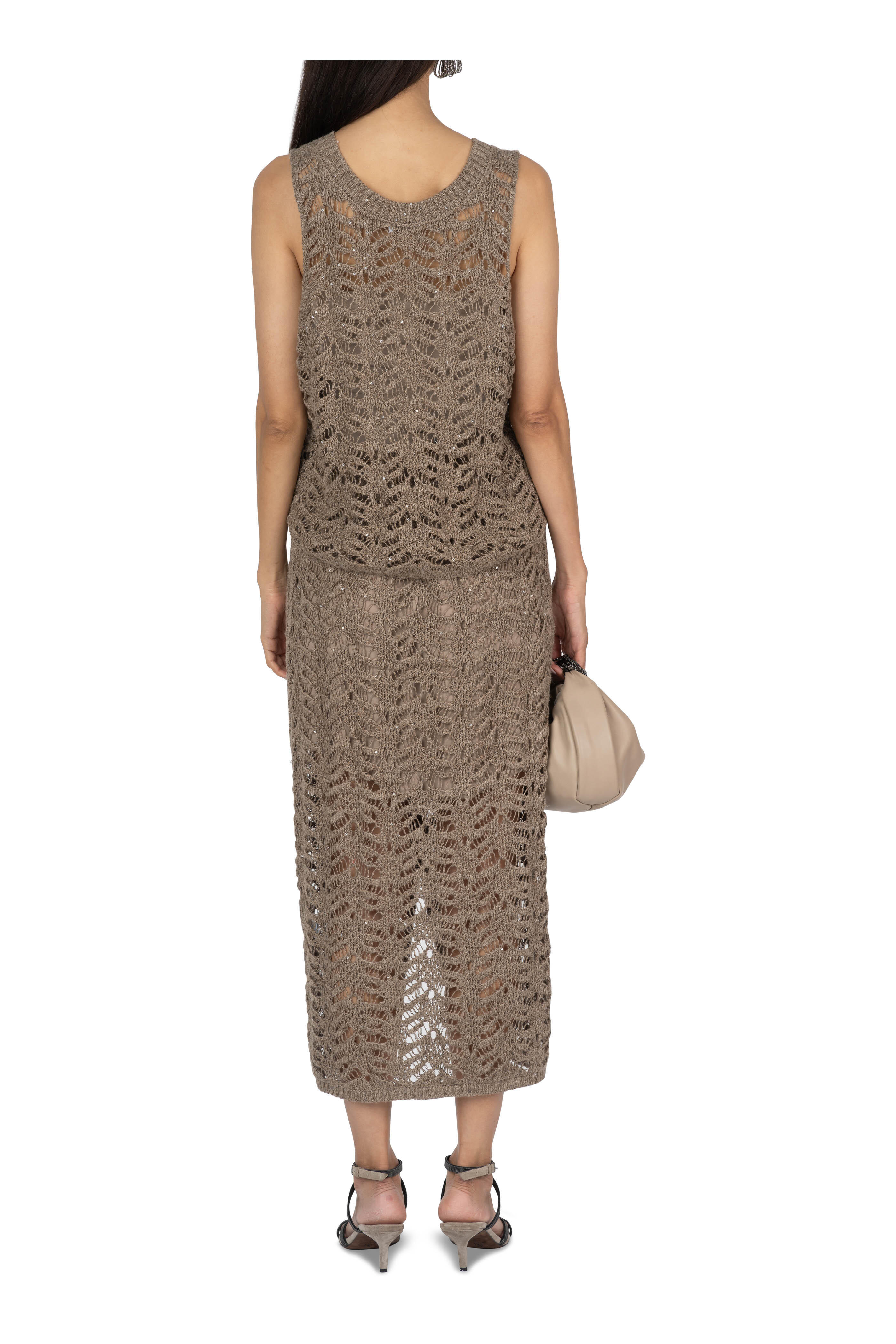 Brunello Cucinelli - Chestnut Foliage Paillette Lace Knit Top