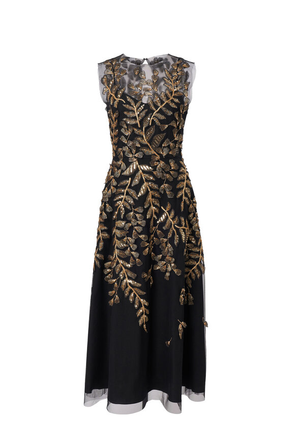 Carolina Herrera Black Leaf-Embroidered Embellished Tulle Dress - view 6