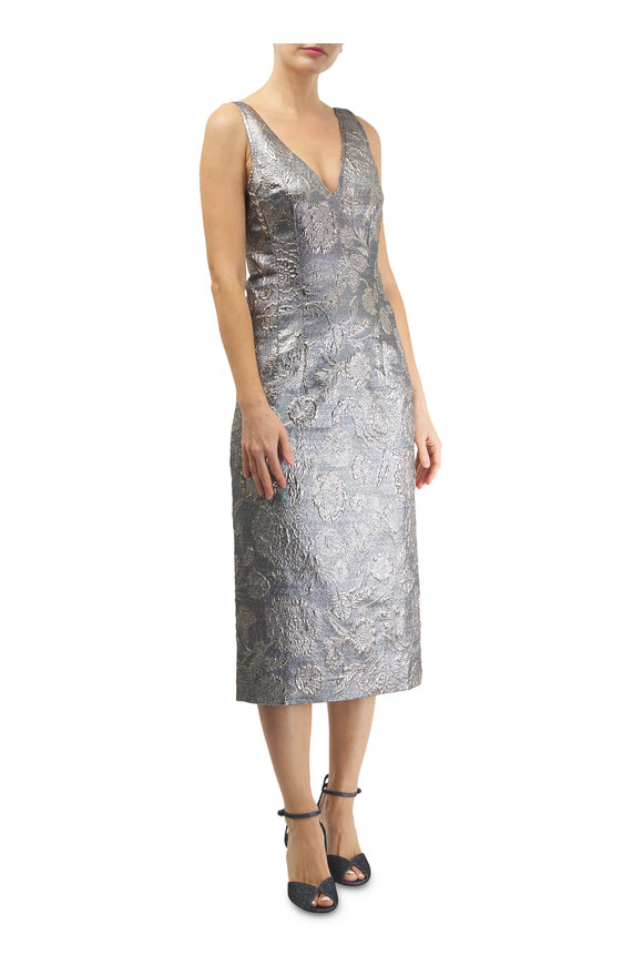 Totême - Silver V-Neck Brocade Midi Dress