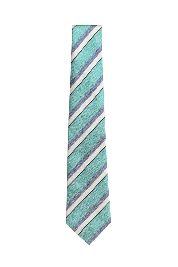 Kiton Aqua Blue Stripe Silk Necktie