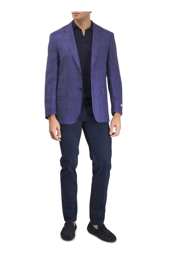 Canali Navy & Purple Plaid Wool, Silk & Linen Jacket
