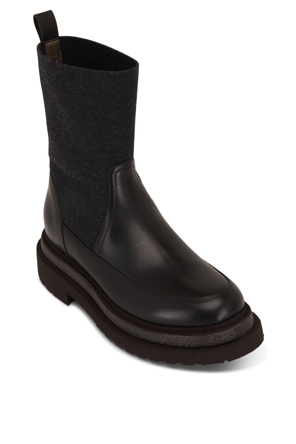 Brunello Cucinelli - Black Leather & Knit Lug Sole Boot