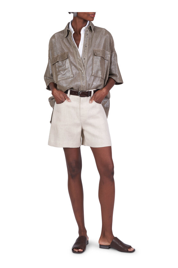 Brunello Cucinelli Beige Cotton & Linen Herringbone Shorts - view 5