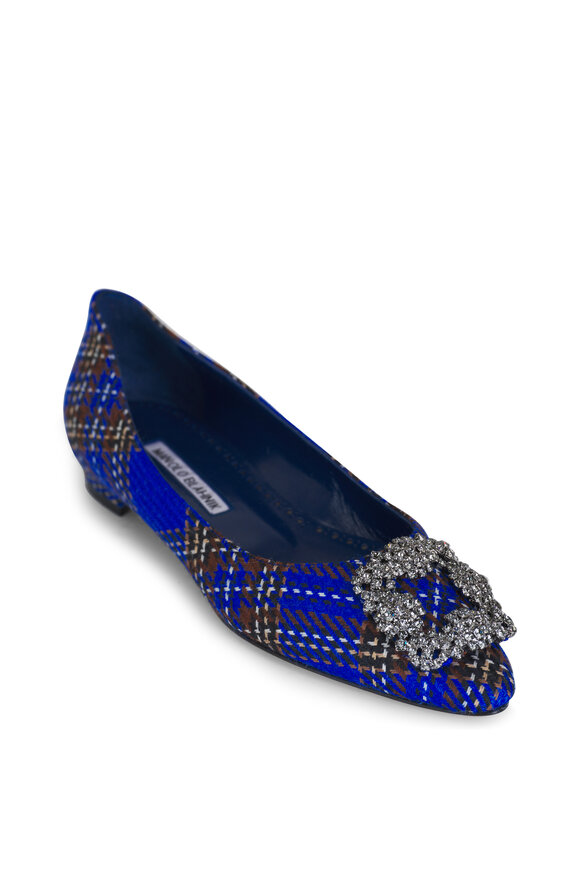 Manolo Blahnik - Hangisi Blue Wool Tartan Jewel Buckle Flat 