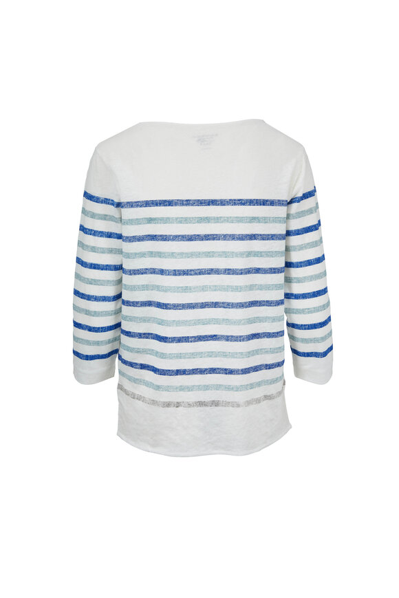 Majestic - White & Blue Striped Stretch Linen Deluxe T-Shirt