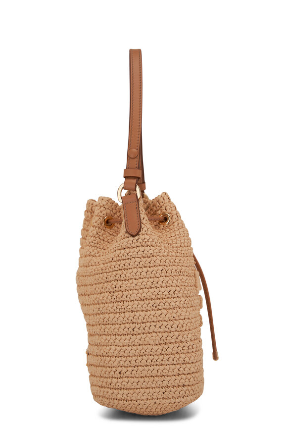 Prada - Natural Raffia Crochet & Brown Leather Bucket Bag