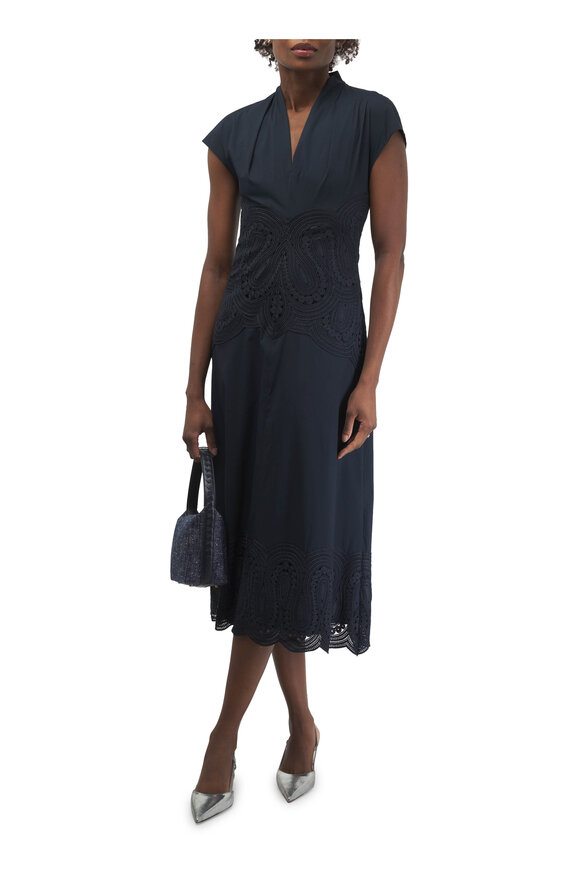 Lela Rose - V-Neck Navy Blue Lace Midi Dress