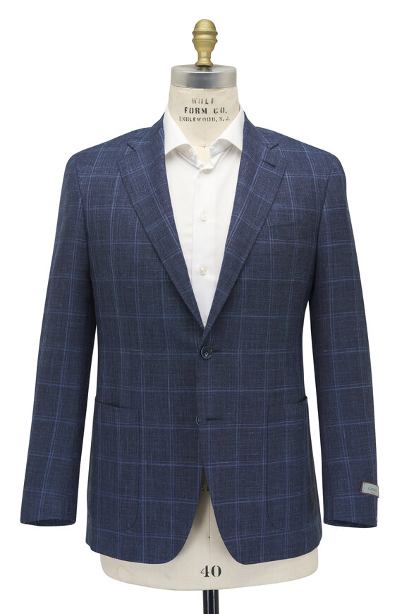 Canali Kei Navy Blue Windowpane Plaid Sportcoat